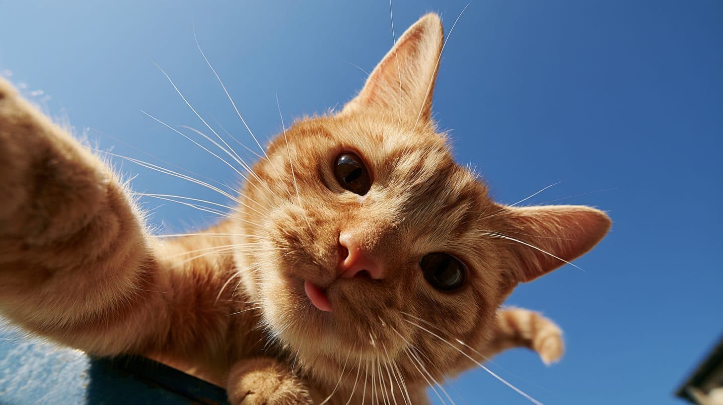 An orange tabby cat reaching a paw toward the camera against a blue sky