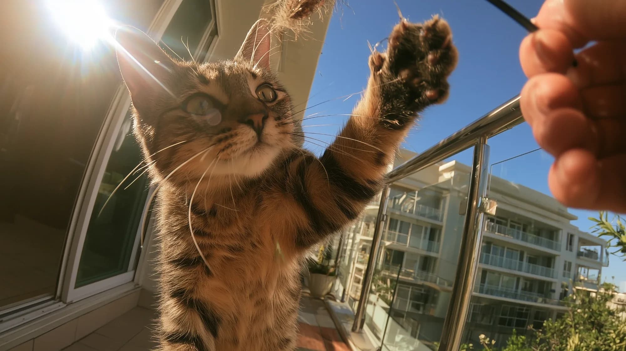 A tabby cat on a sunny balcony reaching up with one paw toward a feather toy held out by a person